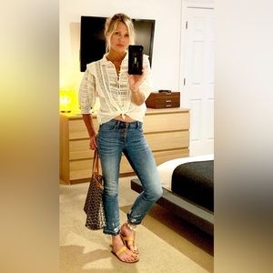 Free People 100% cotton, high neck, lace detail blouse, with raw hem. XS